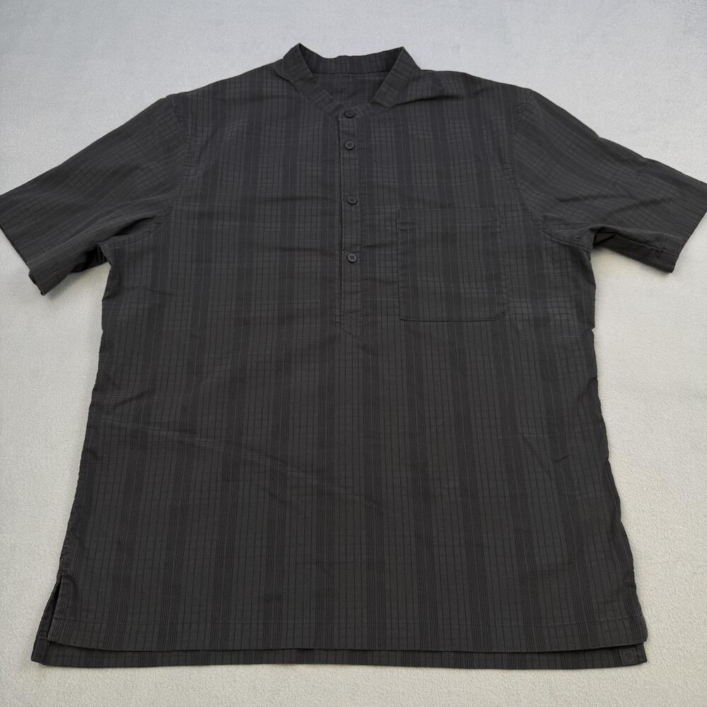 Lululemon Shirt Mens Large Black Check Short Sleeve Popover Band Collar Casual